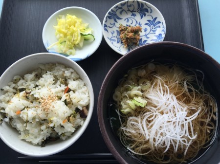 Soba topped with shredded radish and Japanese mixed rice. 