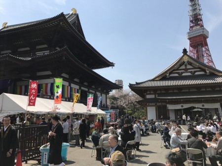 Tokyo tower and food stalls at Zojoji temple in Tokyo