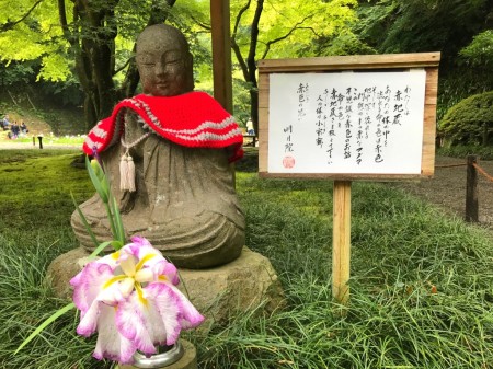 Red Jizo with iris at Meigetsuin in Kamakura