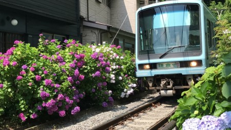 Hydrangea and Enoden line at Goryo Jinja shrine in Kamakura