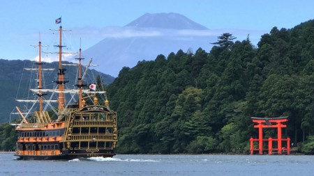 Mount Fuji ,pirate ship and Torii gate in Lake Ashi in Hakone