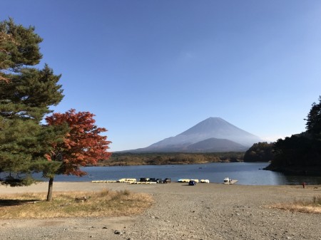 Autumn leaves and Mount Fuji at the lake Shojiko