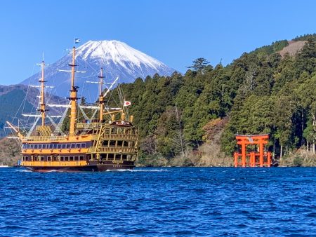 Mount Fuji and Torii gate in Lake Ashi in Hakone